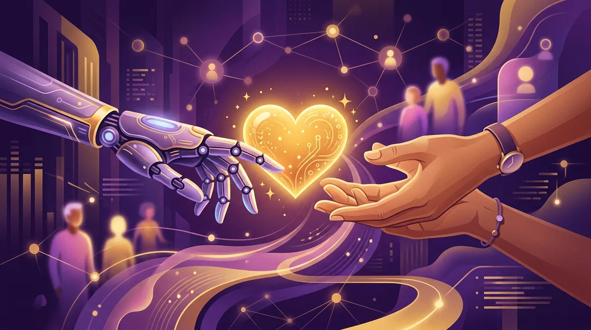 Robot hand and human hand reaching toward a golden heart, symbolizing AI and fundraising partnership