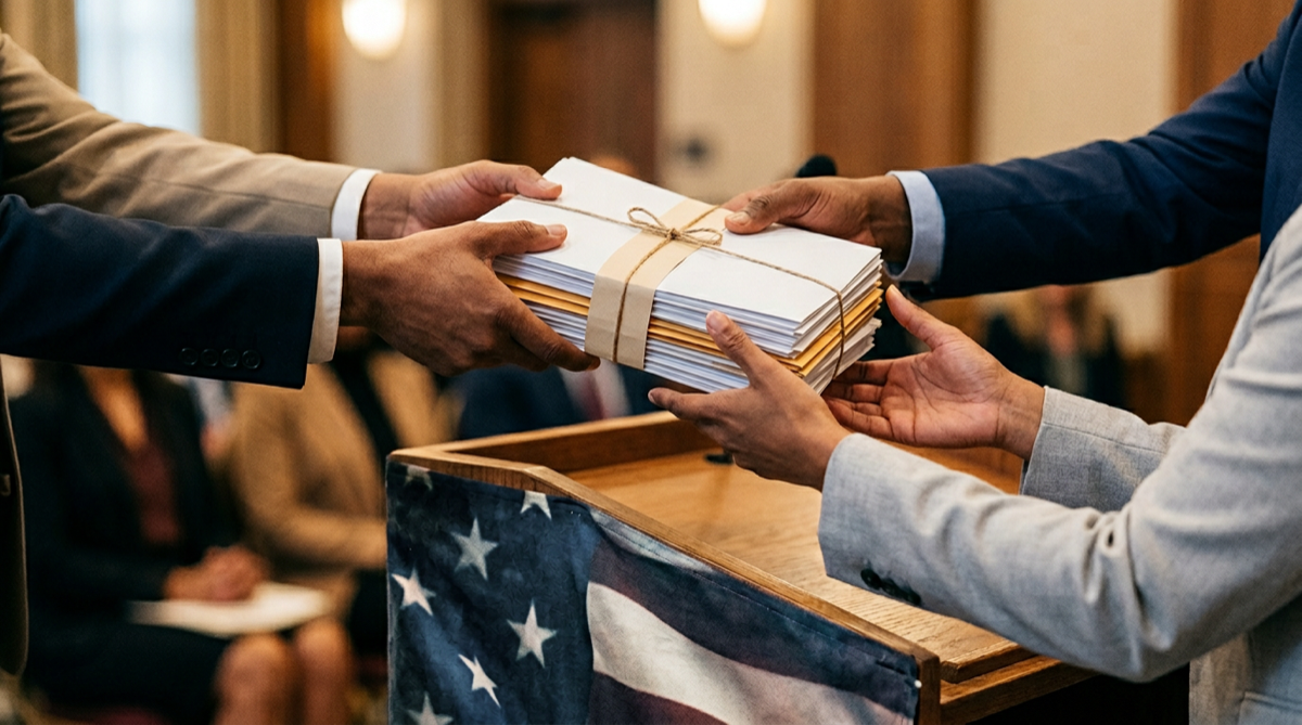 Hands exchanging contribution envelopes at a joint political fundraising event