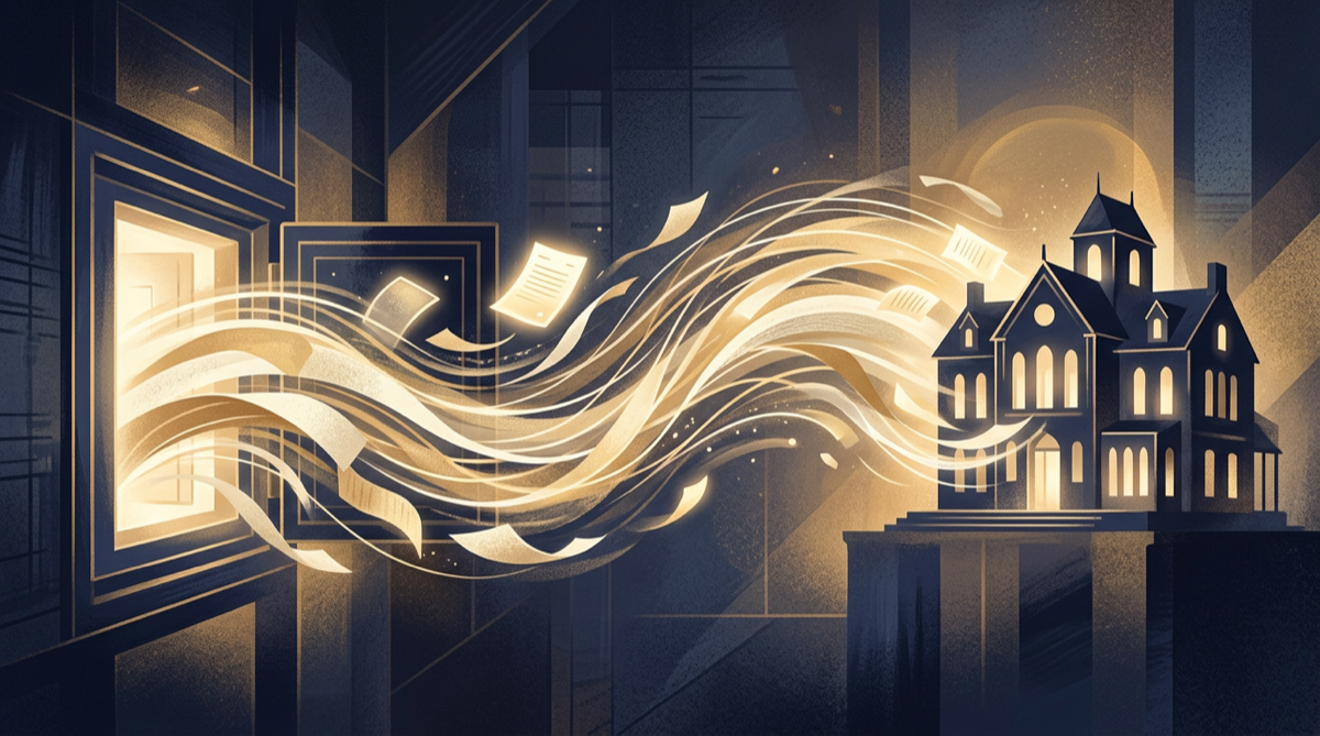 Abstract illustration of charitable giving flowing from a donor advised fund to nonprofit programs