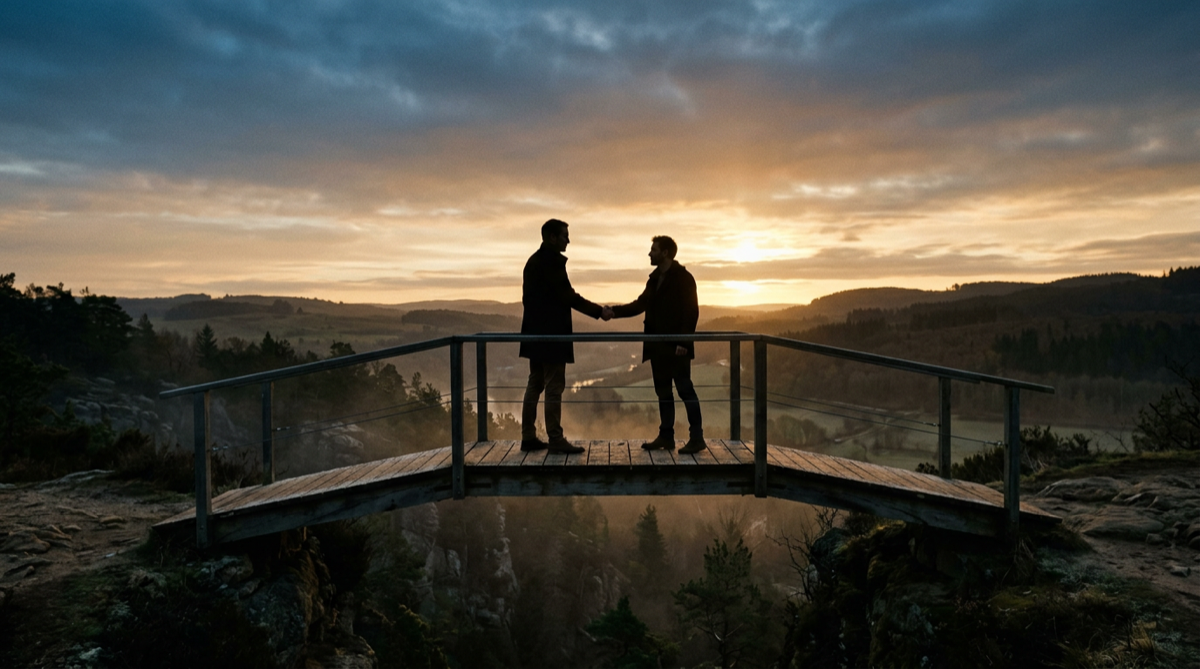 Two people shaking hands across a bridge symbolizing trust in divided times