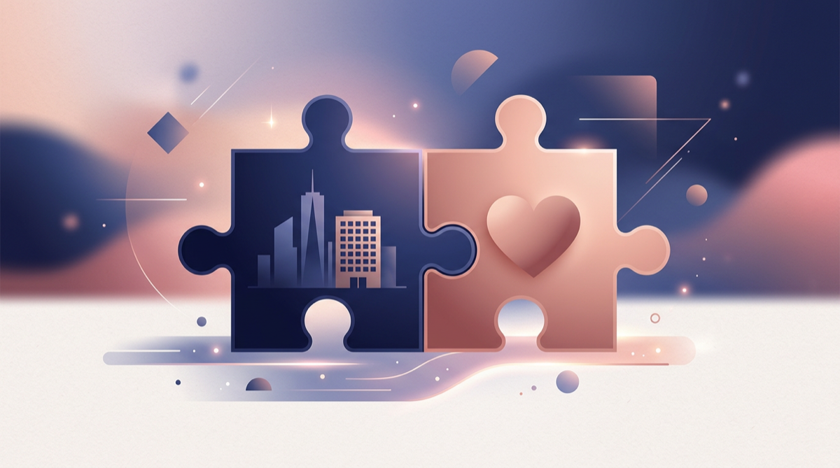 Two puzzle pieces connecting corporate logo with charity heart representing employer gift matching