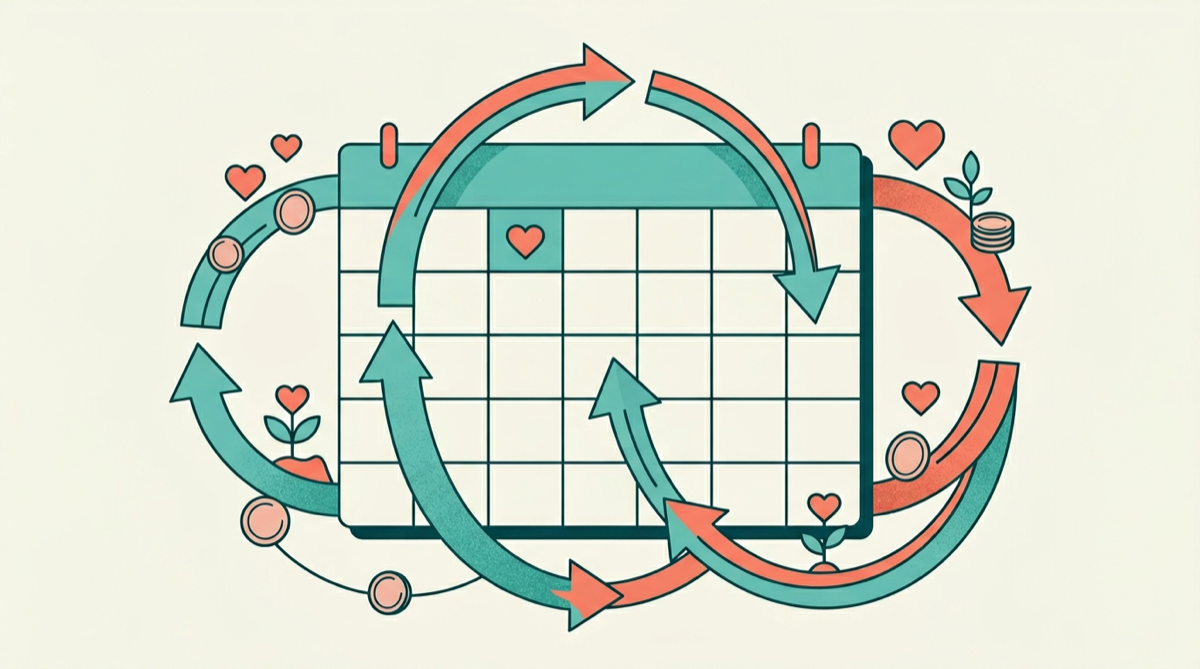 Calendar and circular arrows representing recurring monthly donations for charity and campaigns