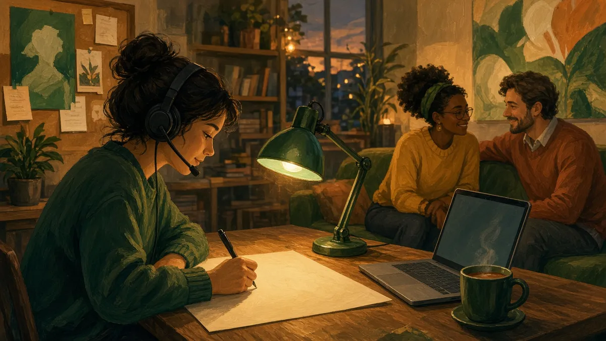 A person with a headset writing at a lamp-lit desk while two colleagues talk nearby