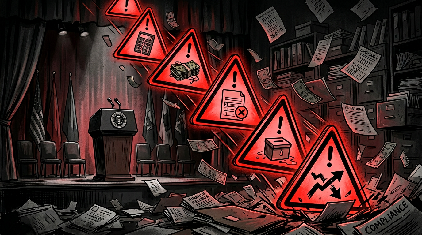 Five red warning triangles cascading with financial documents and political podium in background