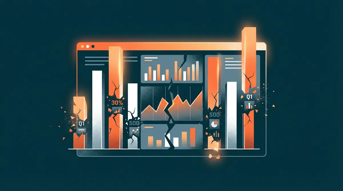 Dashboard with crumbling charts revealing different numbers underneath, symbolizing misleading CRM metrics