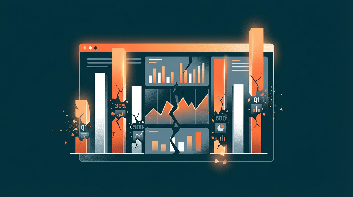 Dashboard with crumbling charts revealing different numbers underneath, symbolizing misleading CRM metrics