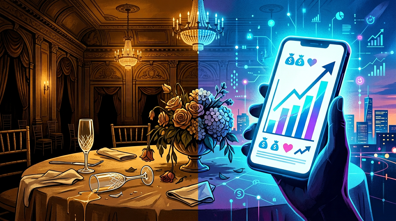 Split scene of empty gala ballroom versus smartphone showing rising donation graphs