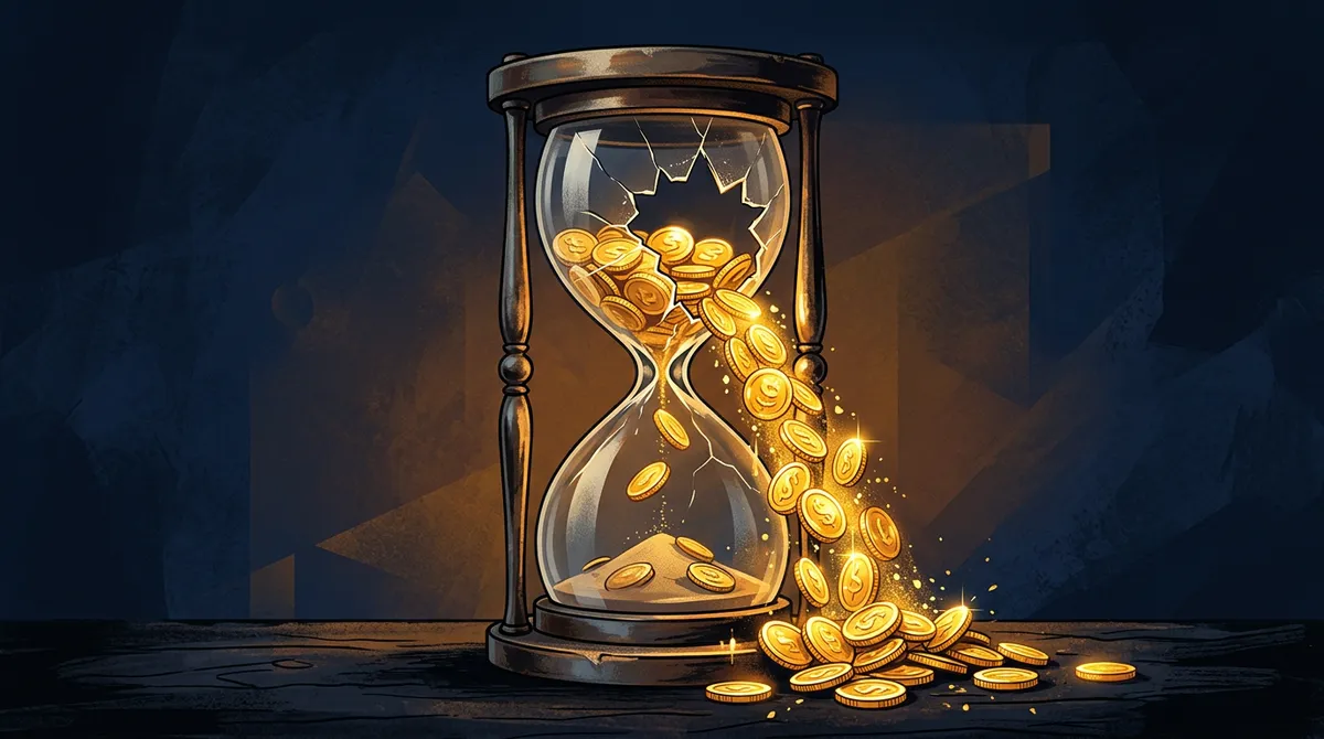 Cracked hourglass with golden coins spilling out, symbolizing donor attrition in nonprofit fundraising