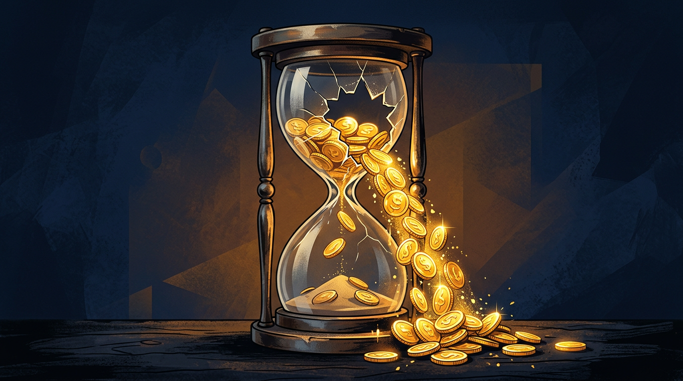 Cracked hourglass with golden coins spilling out, symbolizing donor attrition in nonprofit fundraising