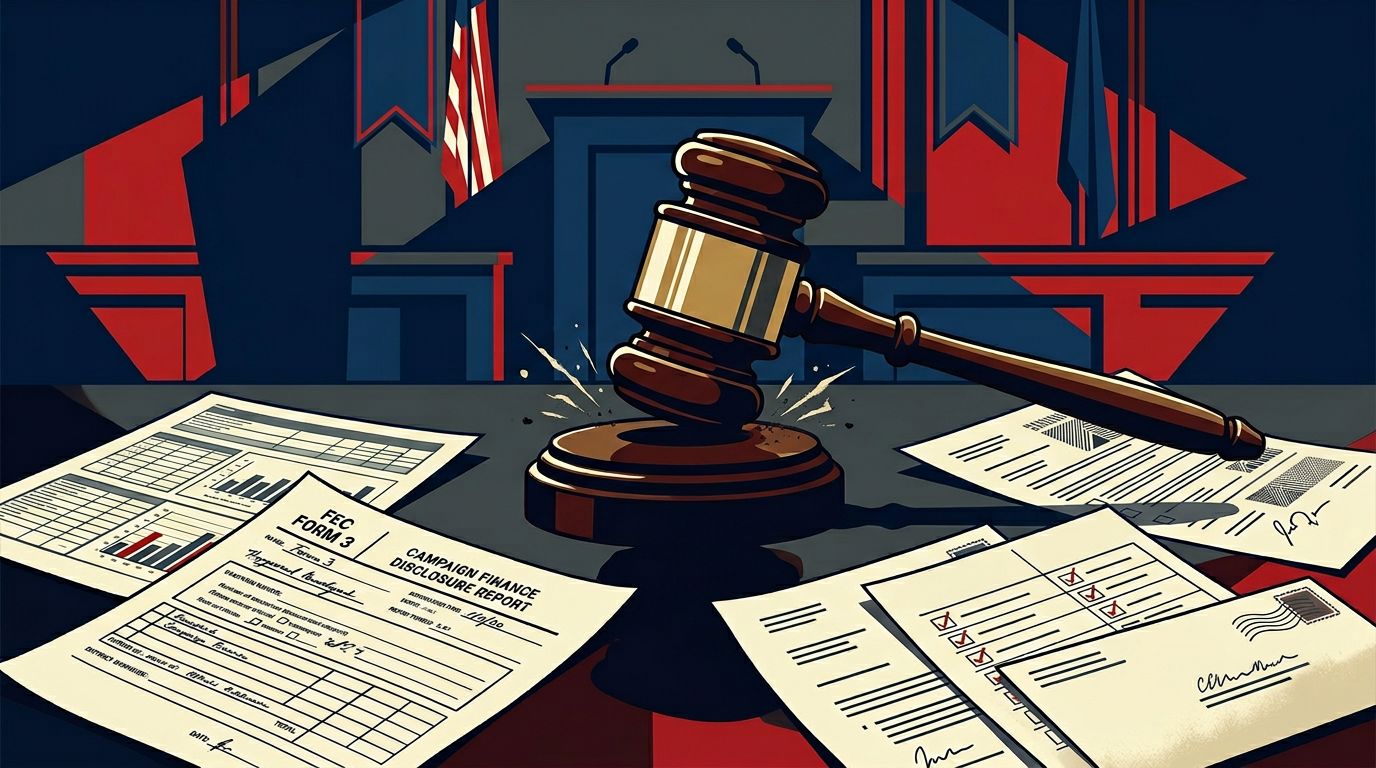 Gavel striking desk surrounded by FEC compliance documents and campaign finance reports
