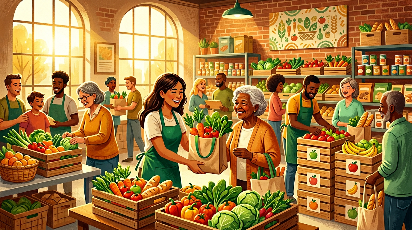 Vibrant community food bank with volunteers and overflowing donation boxes