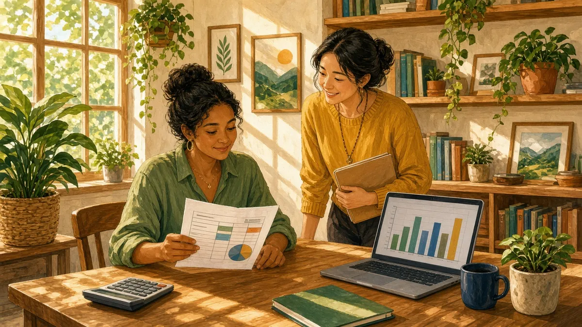Two people reviewing a paper budget and a chart on a laptop in a sunlit office