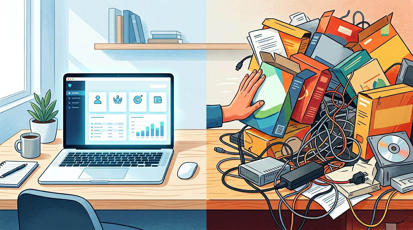 Clean desk with streamlined laptop dashboard contrasted with cluttered pile of unnecessary software