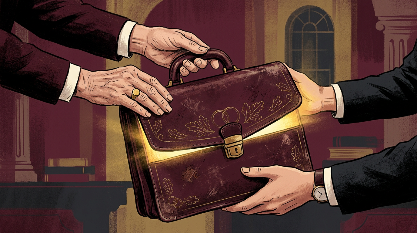 Weathered briefcase being passed from elderly hands to younger hands with golden light