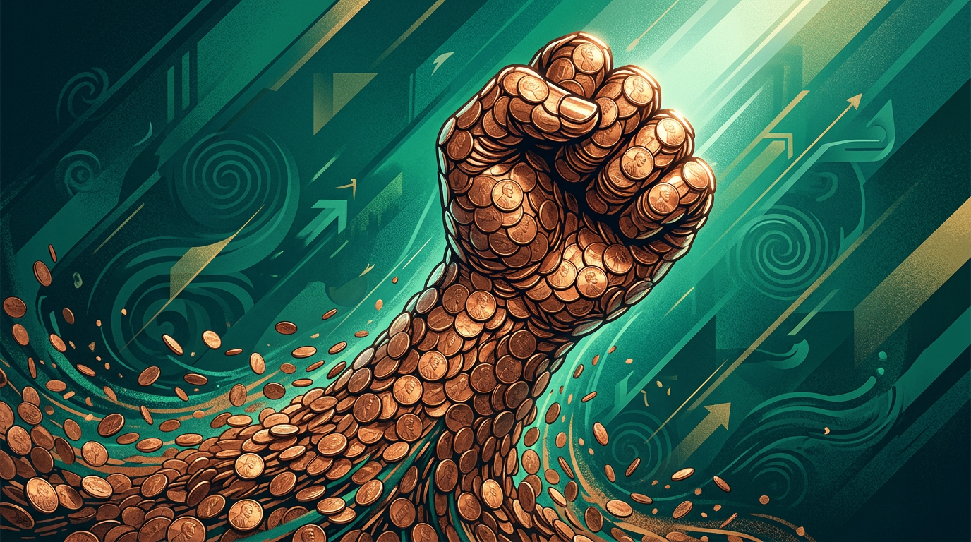 Fist made of copper pennies rising upward, symbolizing the power of small-dollar donations