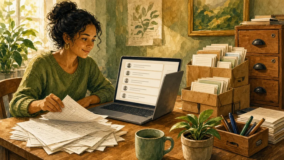 A person comparing a paper spreadsheet with a contact list on a laptop, index cards beside the desk