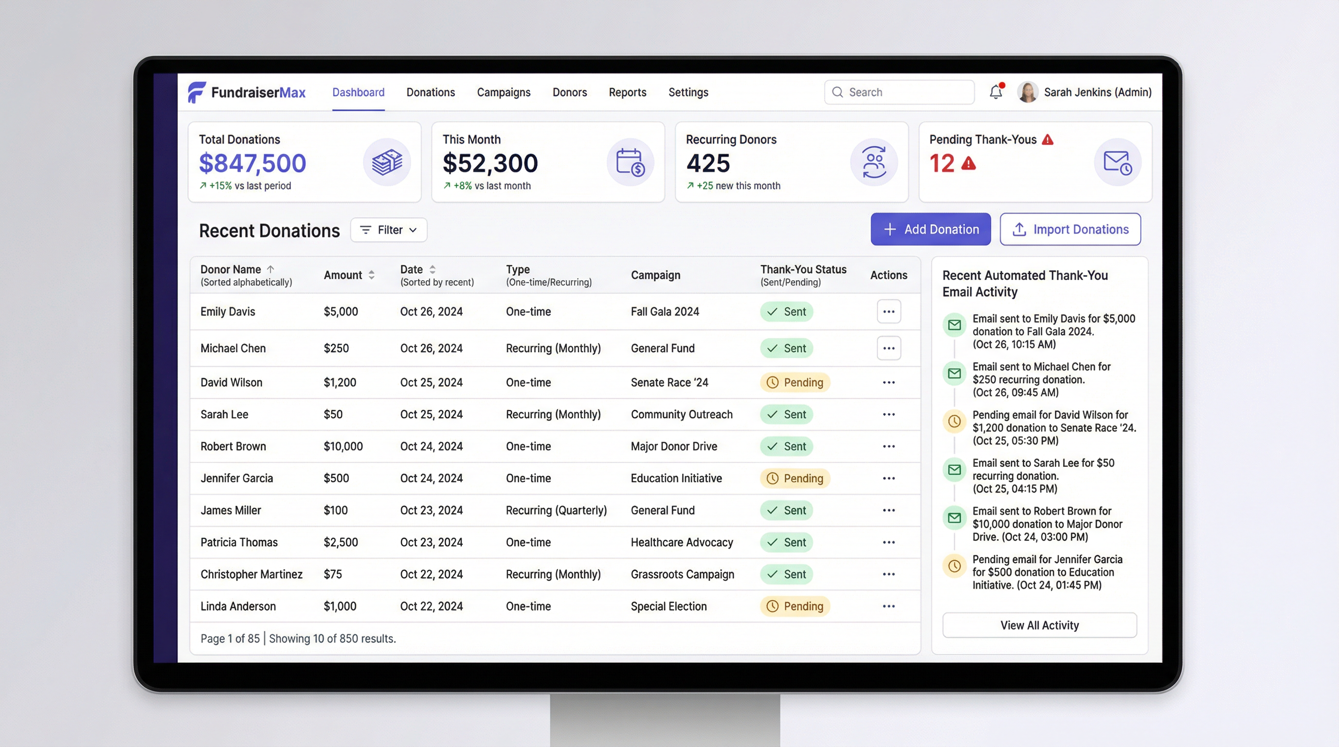 FundraiserMax Donation Management Dashboard showing donations table, automated thank-you emails, and key metrics