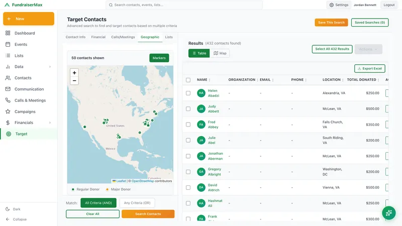 FundraiserMax donor targeting with geographic mapping and giving-capacity filters