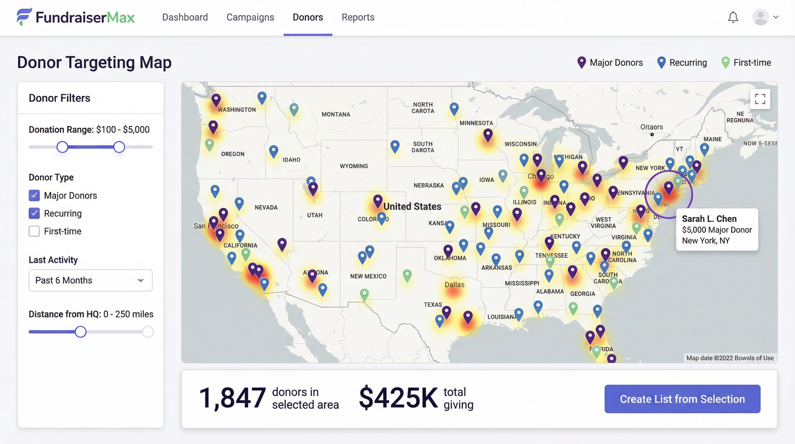 FundraiserMax Interactive Donor Targeting Map showing geographic visualization, donor filters, and selection tools