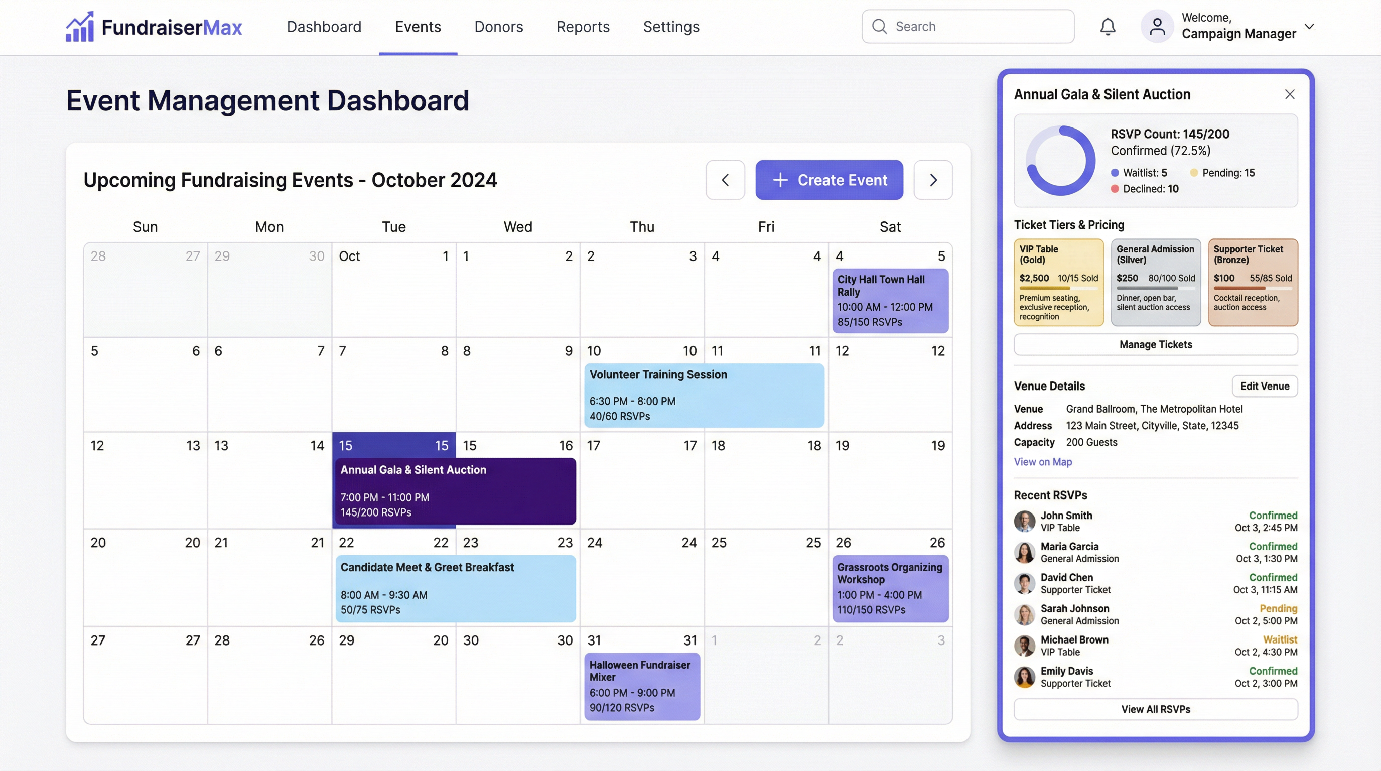 FundraiserMax Event Management Interface showing calendar, RSVPs, ticket tiers, and event details