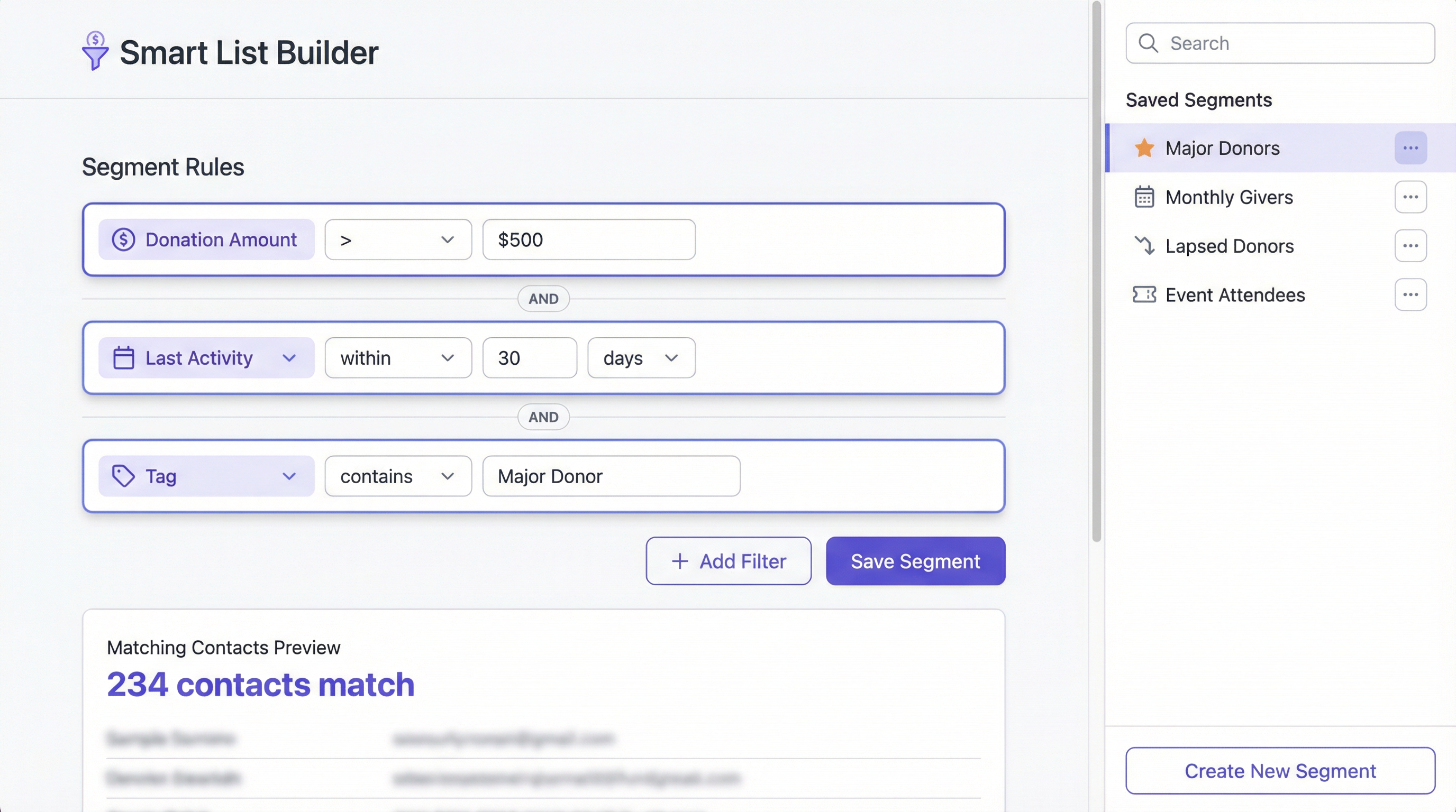 FundraiserMax Smart List Builder showing segment rules, filters, matching contacts preview, and saved segments