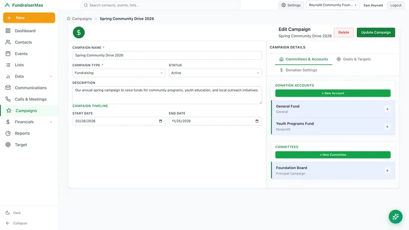 FundraiserMax campaign editor with the campaign timeline, donation accounts, and committees