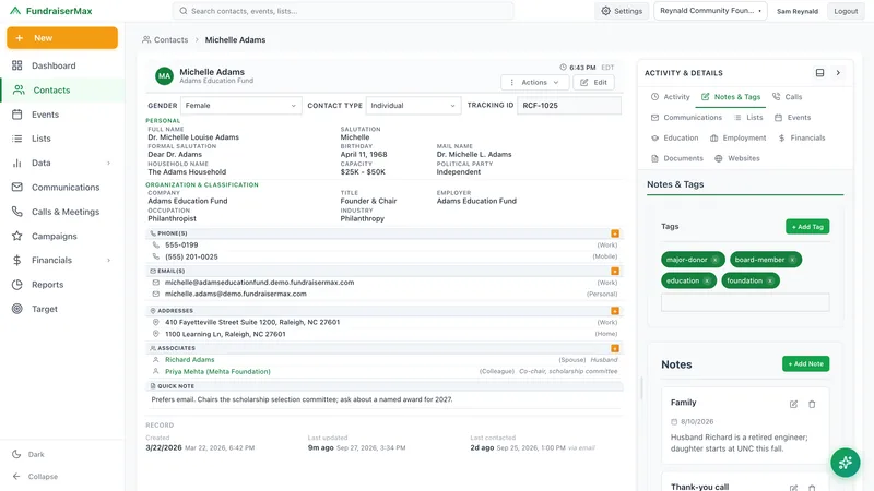 FundraiserMax contact profile with personal details, phone numbers, emails, addresses, related contacts, notes, and tags