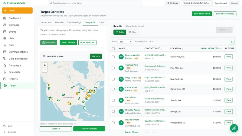 FundraiserMax Target Contacts with a map of supporter locations and results ranked by total giving