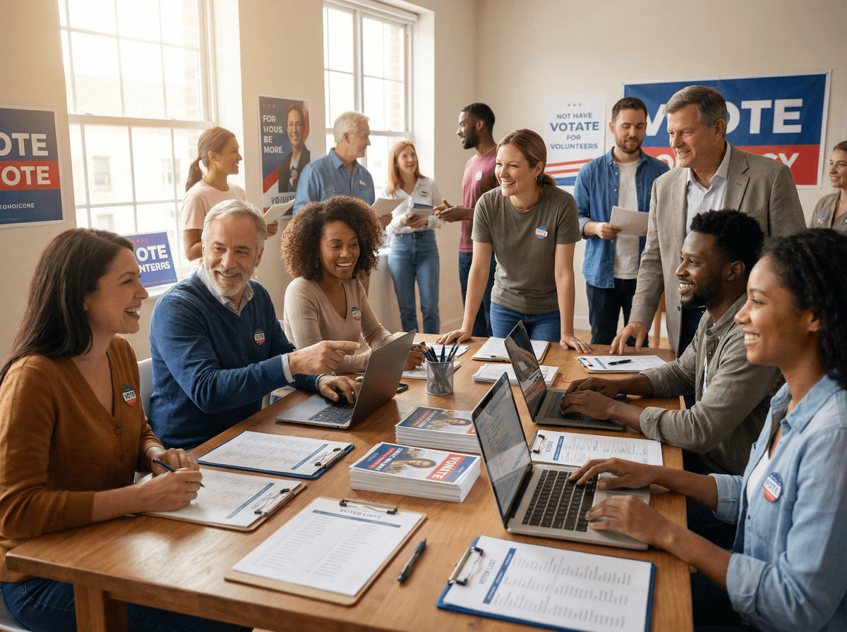 Campaign volunteers organizing at a grassroots campaign office